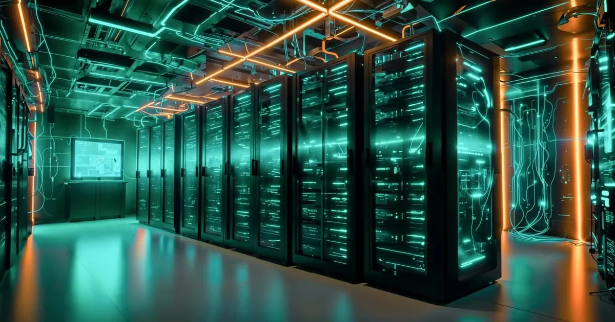 Sala server di un data center con rack illuminati