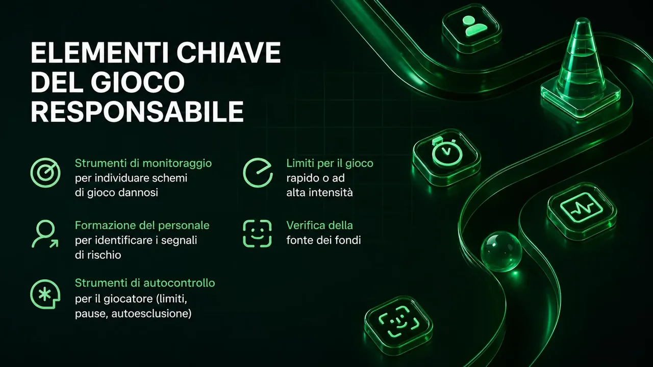 Infografica sugli elementi chiave del gioco responsabile: limiti, pause e autoesclusione