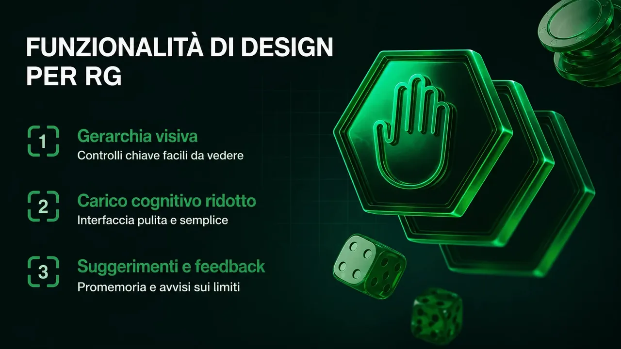 Infografica sulle funzionalità di design per il gioco responsabile, con controlli chiave facili da vedere