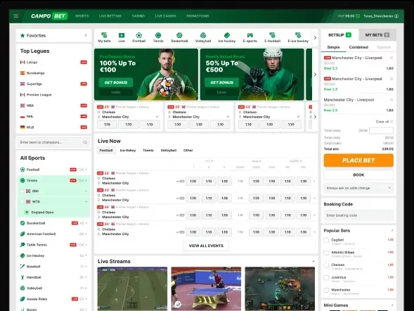 Interfaccia sportsbook con eventi live e promozioni del casinò su un monitor
