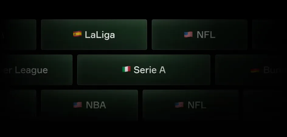 Sezioni dei campionati sportivi, tra cui Serie A, LaLiga e NFL, in un'interfaccia sportsbook